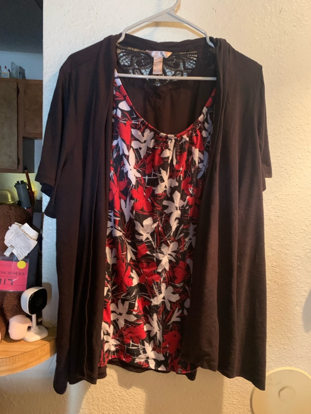 White Stag Black Short-Sleeve Cardigan with Red and White Floral Tank